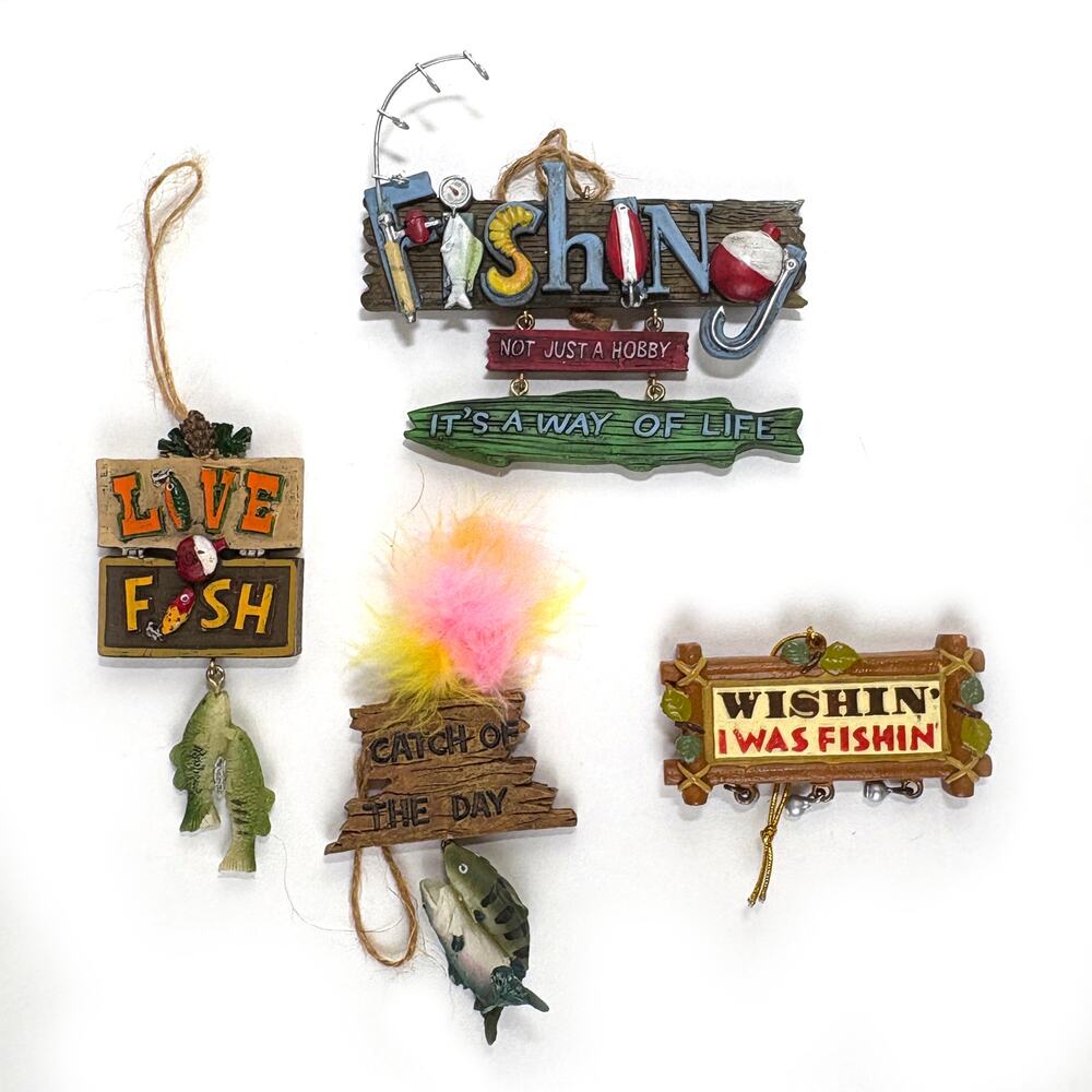 Lot Of 4 Vintage Christmas Wood Look Fishing Sign Ornaments 1.5 To 4 Inch Tall